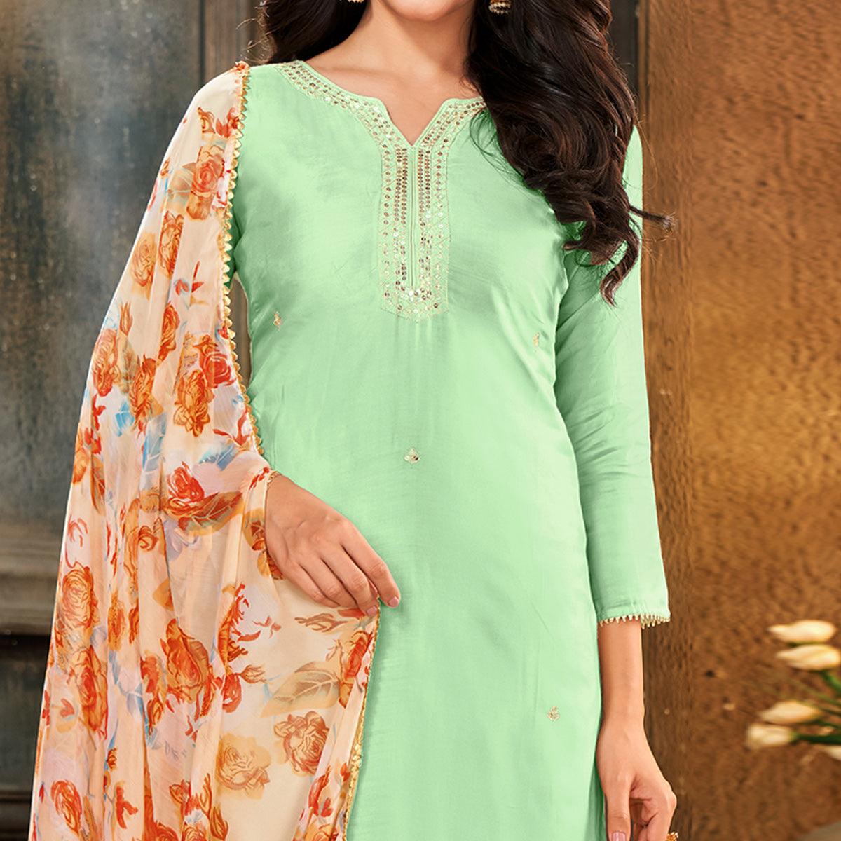 Innovative Pista Green Colored Partywear Embroidered Chanderi Dress Material