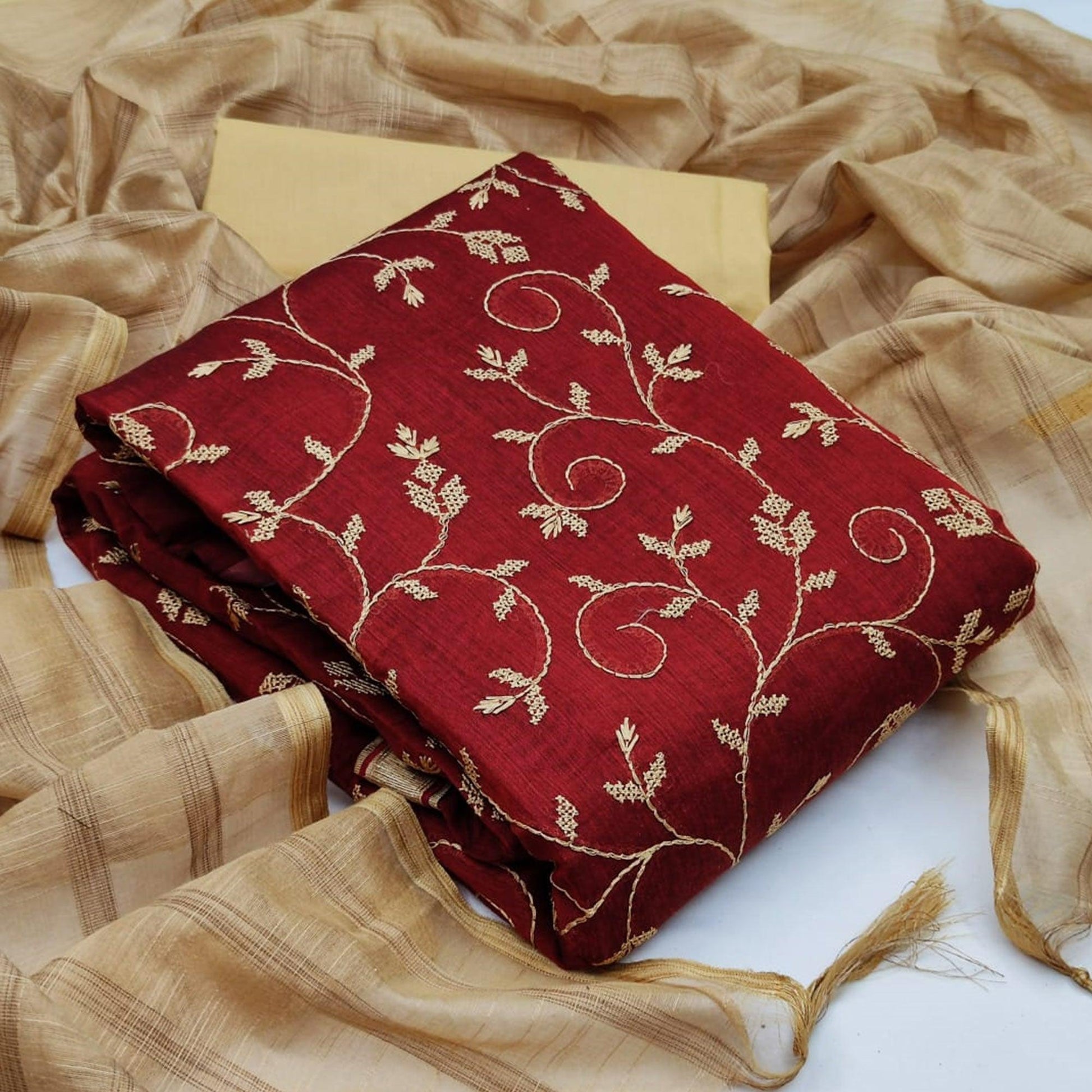 Innovative Red Colored Casual Wear Embroidered Chanderi Dress Material