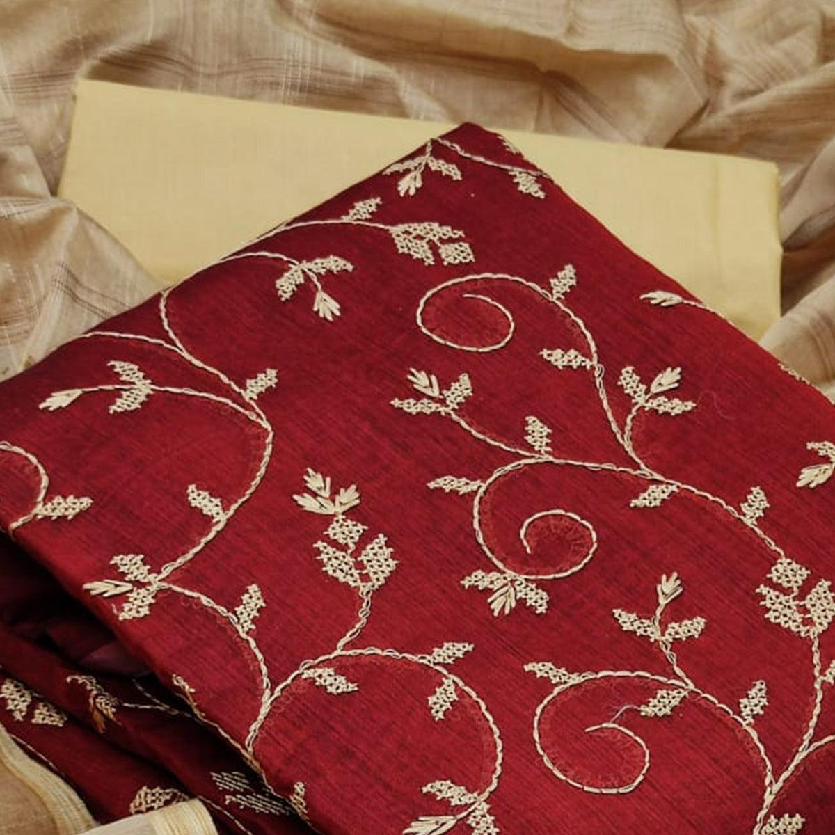 Innovative Red Colored Casual Wear Embroidered Chanderi Dress Material