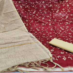 Innovative Red Colored Casual Wear Embroidered Chanderi Dress Material