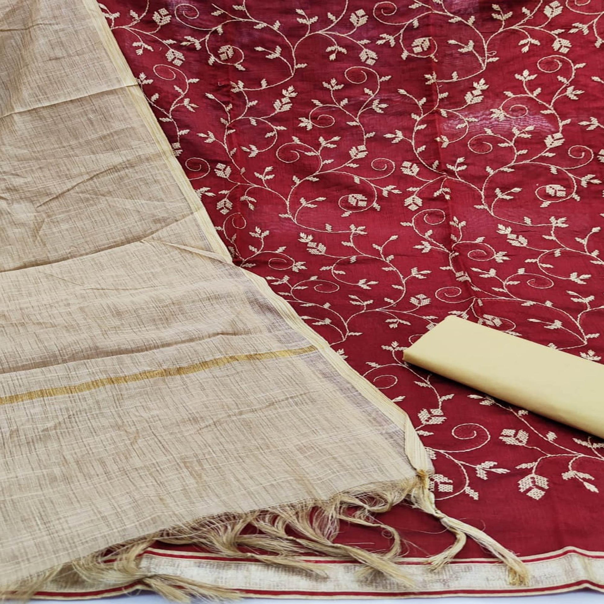 Innovative Red Colored Casual Wear Embroidered Chanderi Dress Material