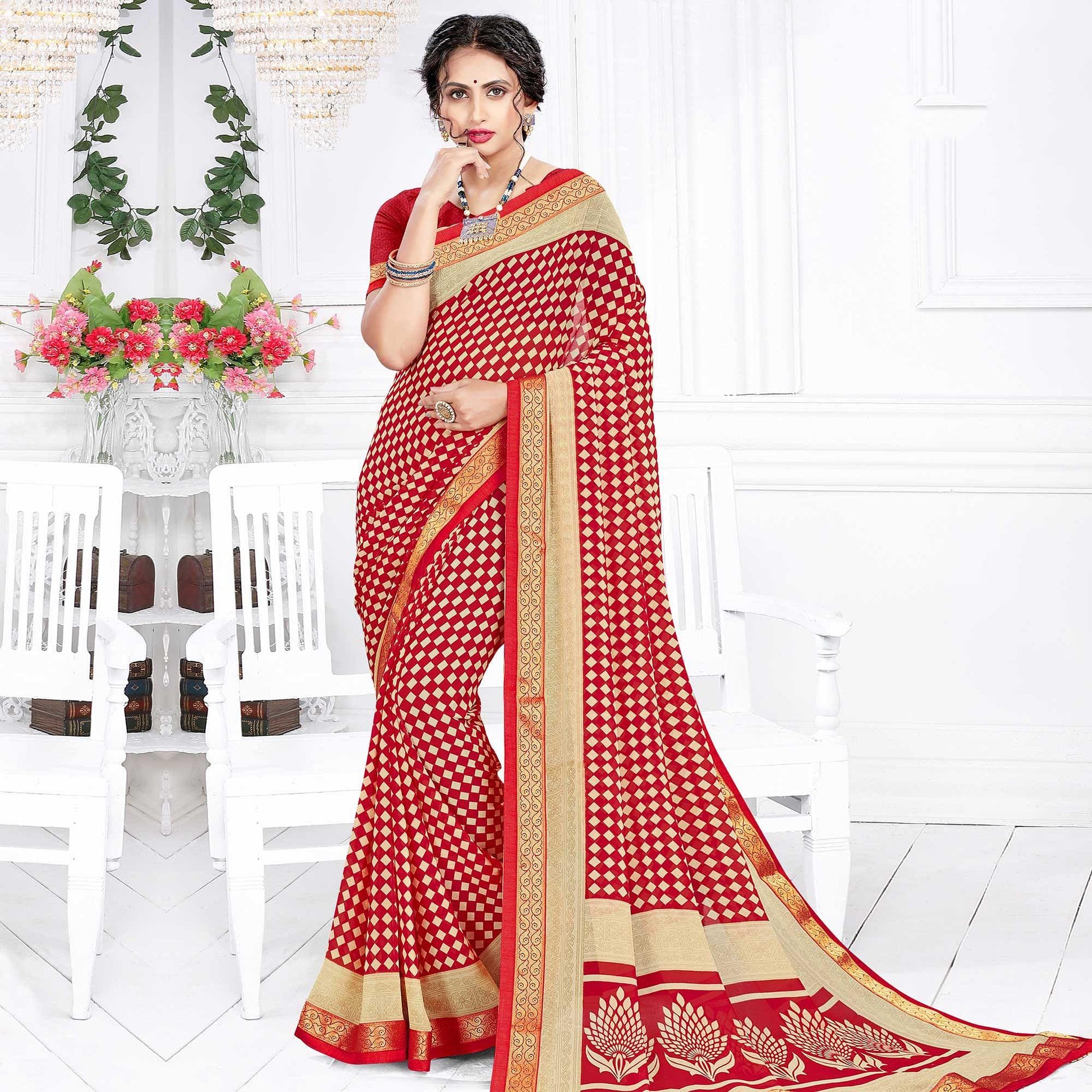 Innovative Red Colored Casual Wear Printed Georgette Saree
