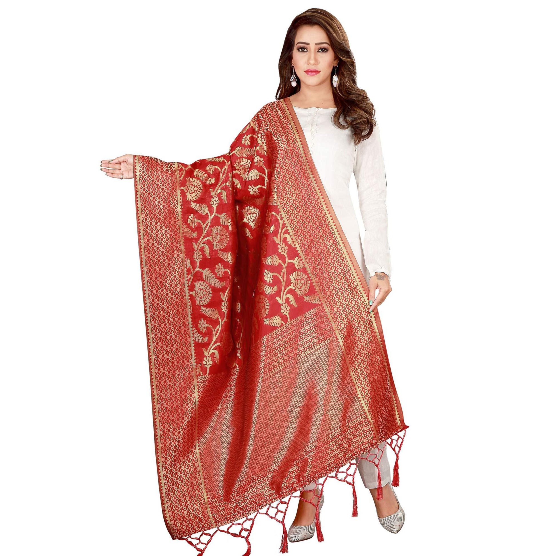 Innovative Red Colored Festive Wear Banarasi Silk Dupatta