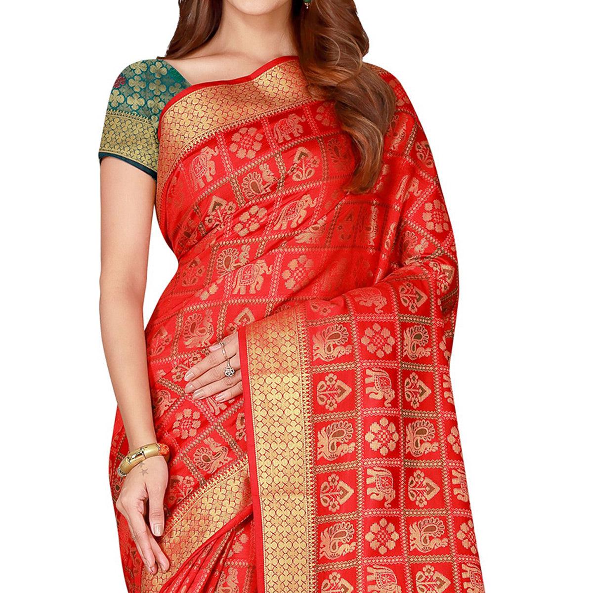 Innovative Red Colored festive Wear silk Saree