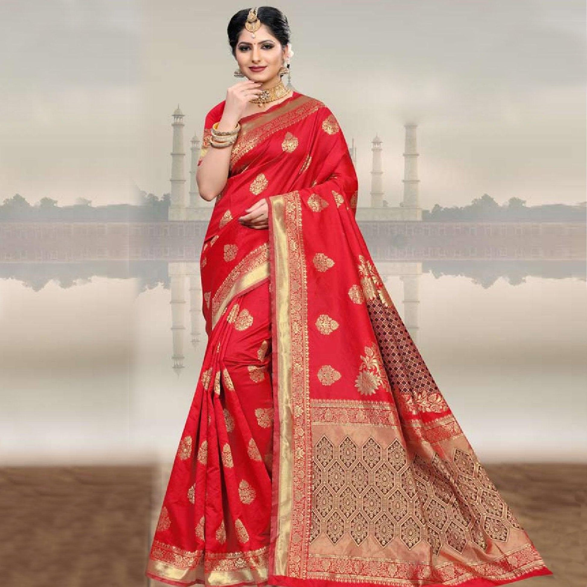 Innovative Red Colored Festive Wear Woven Art Silk Saree