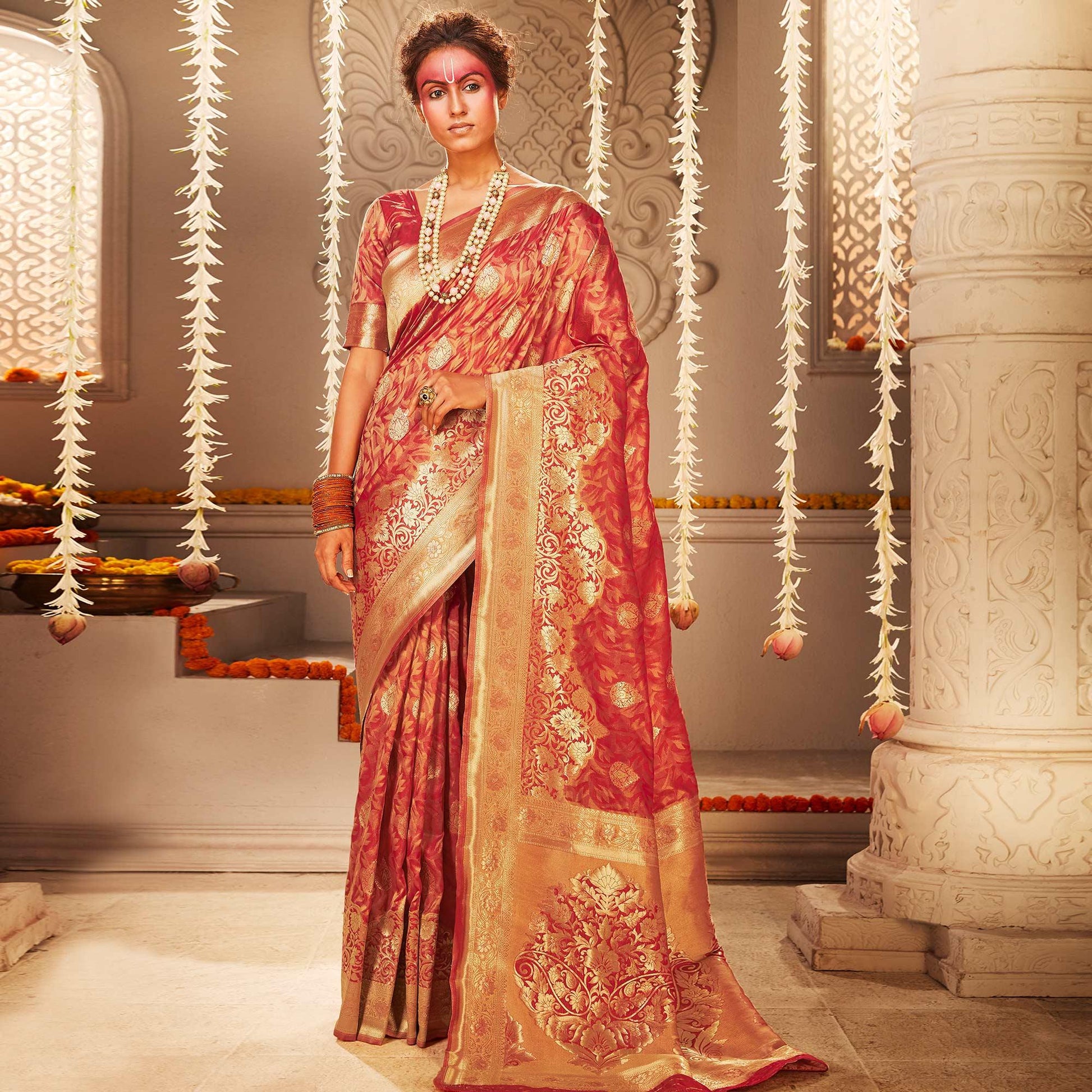 Innovative Red Colored Festive Wear Woven Banarasi Silk Saree