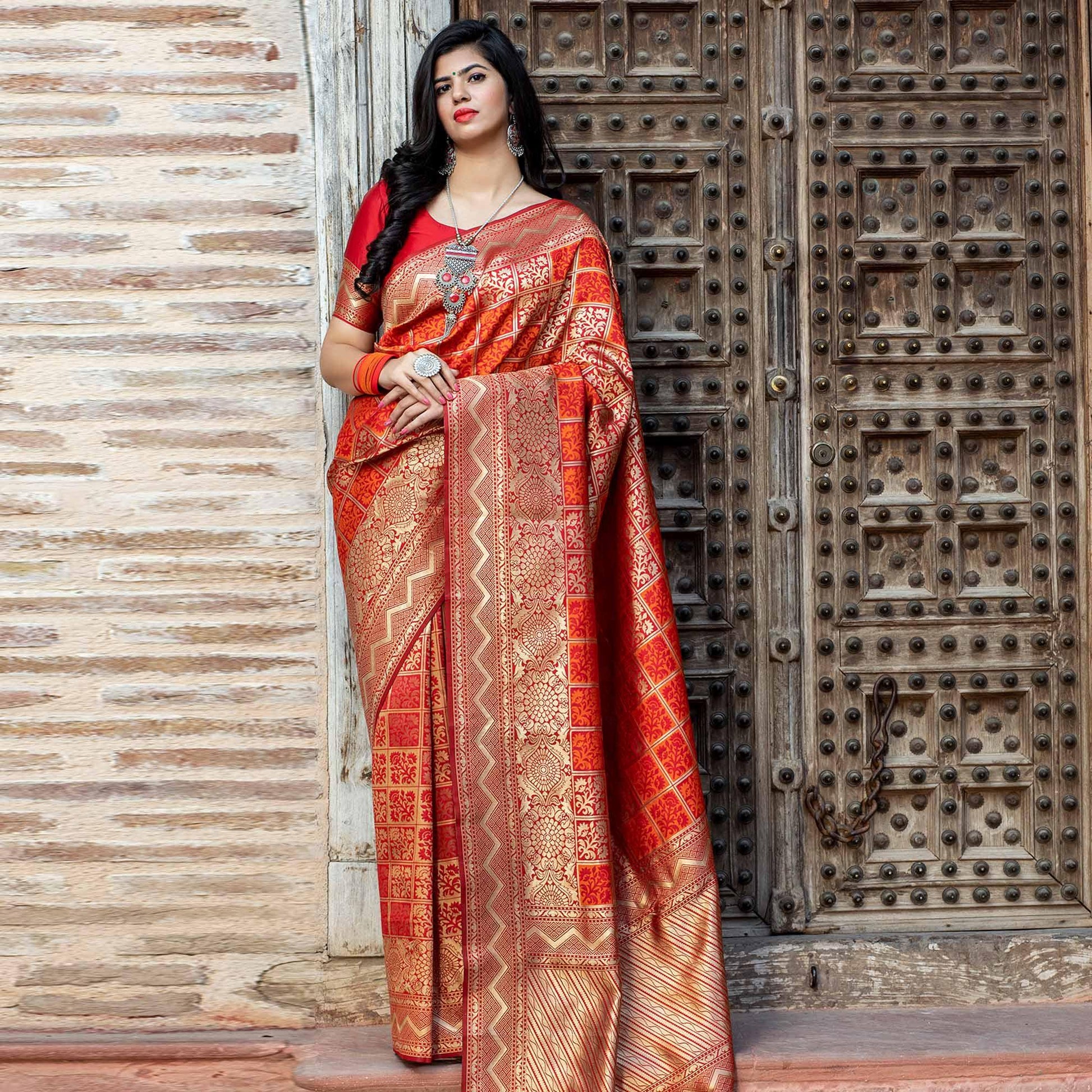 Innovative Red Colored Festive Wear Woven Banarasi Silk Saree
