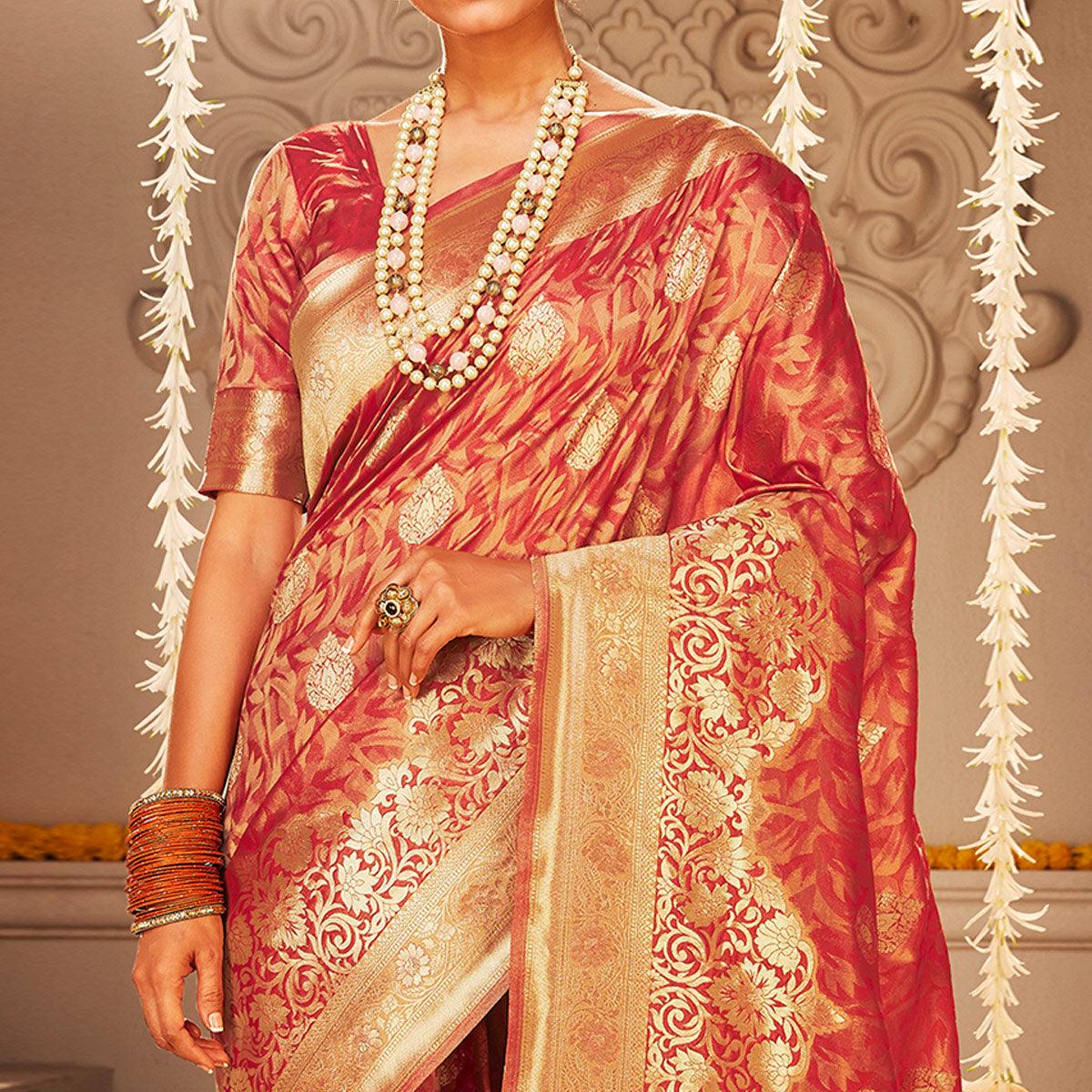 Innovative Red Colored Festive Wear Woven Banarasi Silk Saree