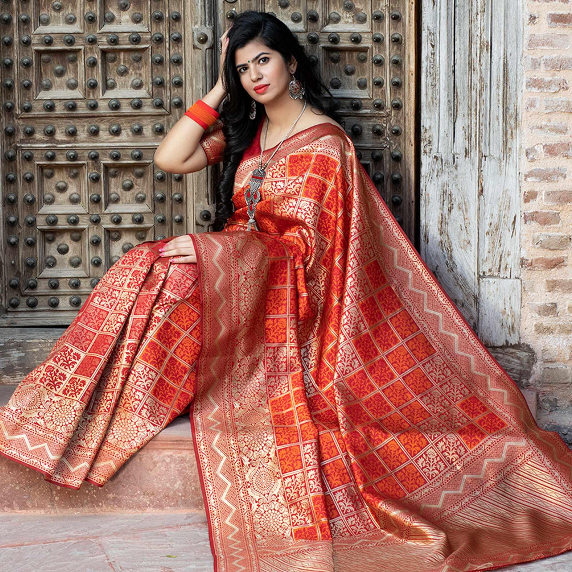 Innovative Red Colored Festive Wear Woven Banarasi Silk Saree
