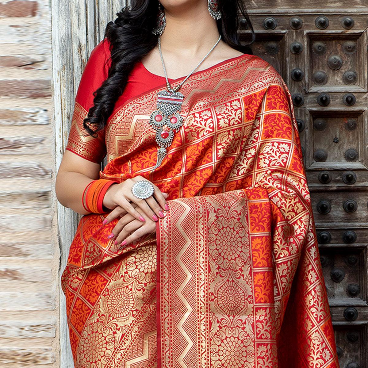 Innovative Red Colored Festive Wear Woven Banarasi Silk Saree