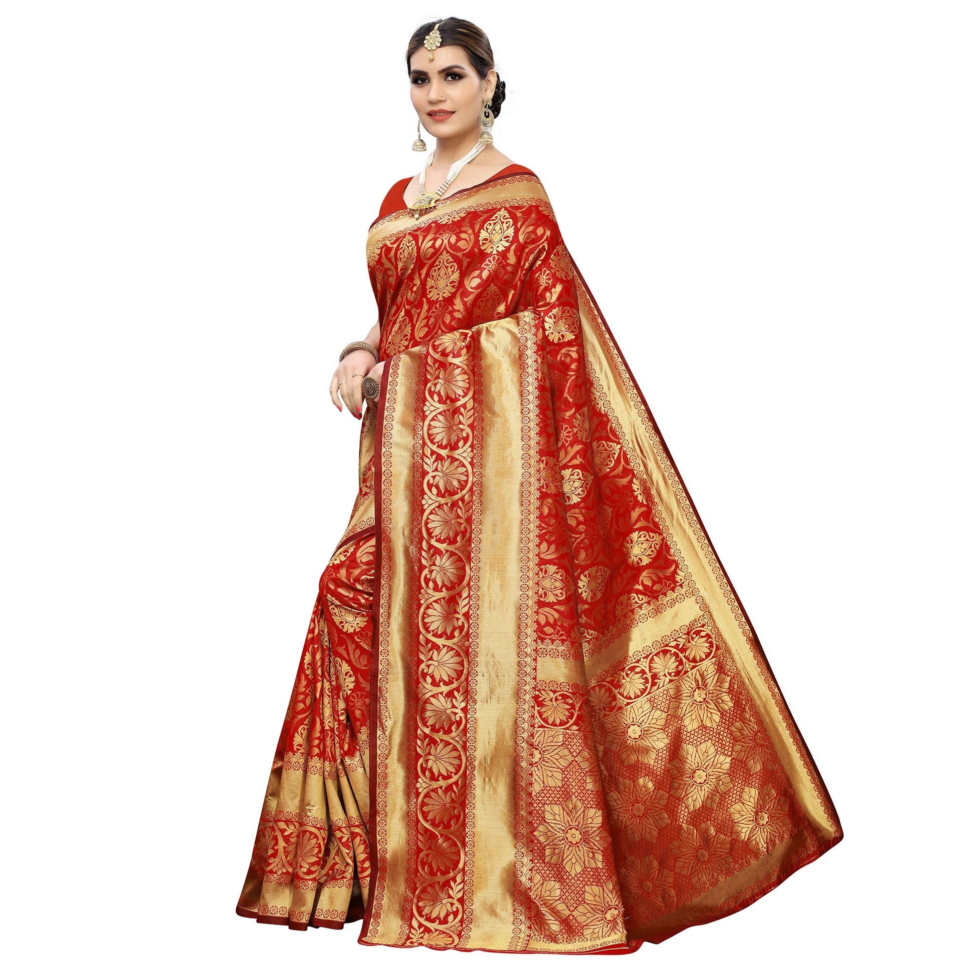 Innovative Red Colored Festive Wear Woven Banarasi Silk Saree