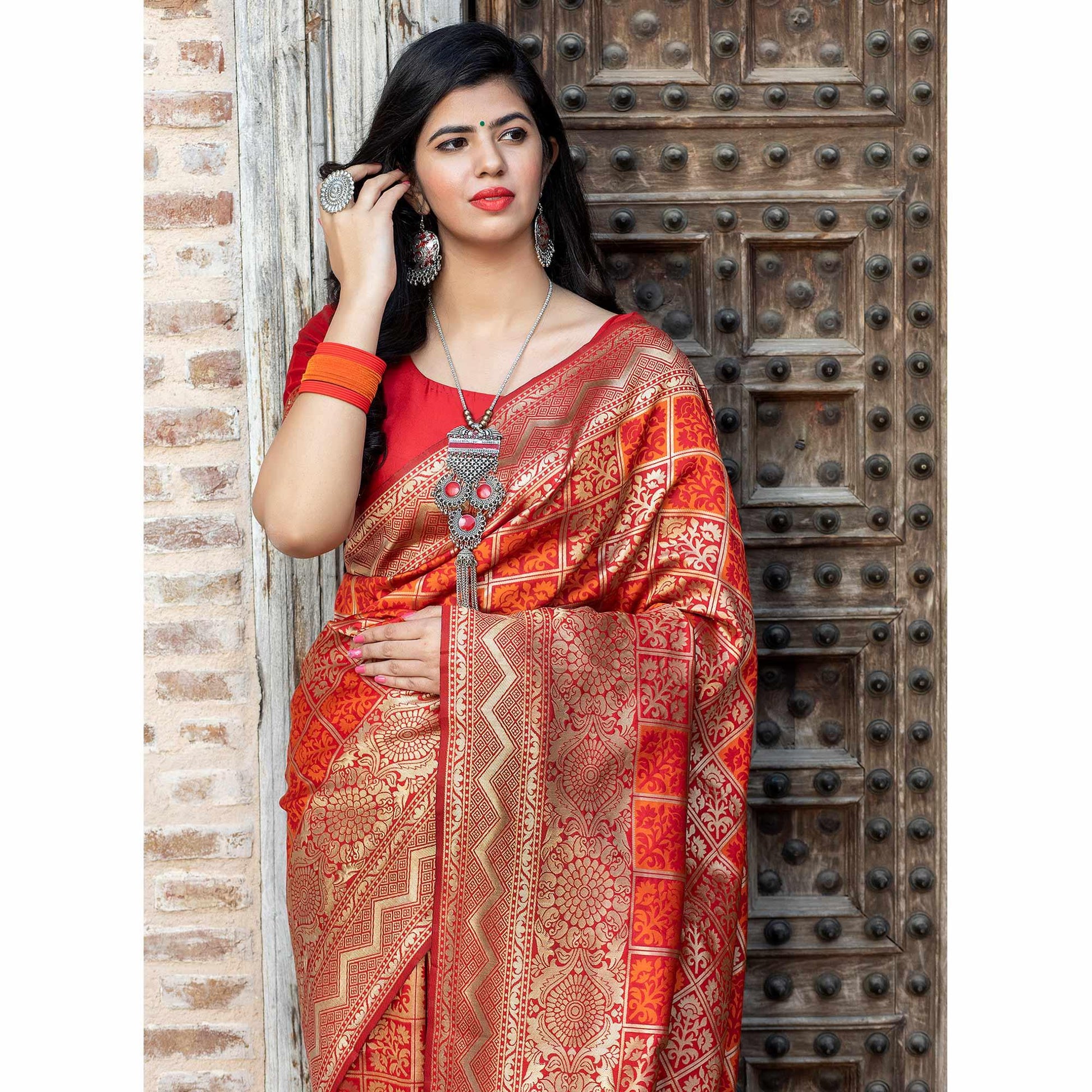 Innovative Red Colored Festive Wear Woven Banarasi Silk Saree