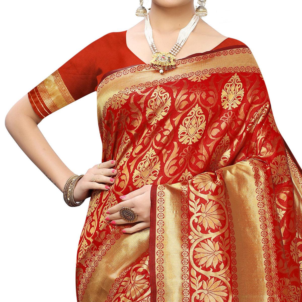 Innovative Red Colored Festive Wear Woven Banarasi Silk Saree