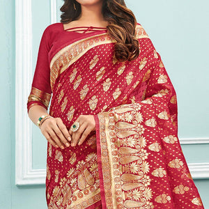 Innovative Red Colored Festive Wear Woven Cotton Handloom Saree