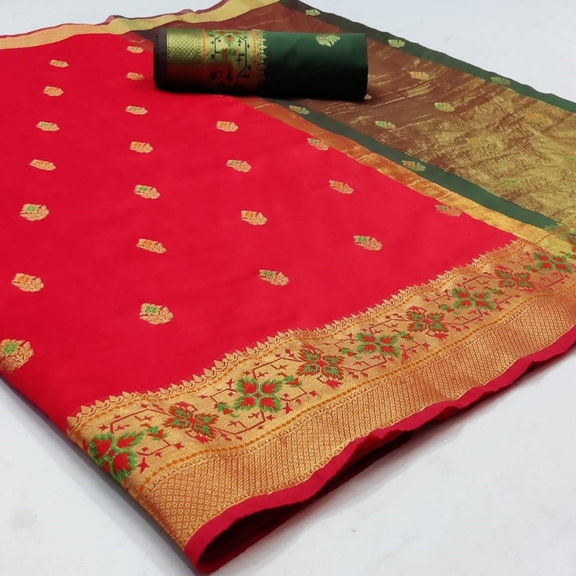 Innovative Red Colored Festive Wear Woven Silk Saree