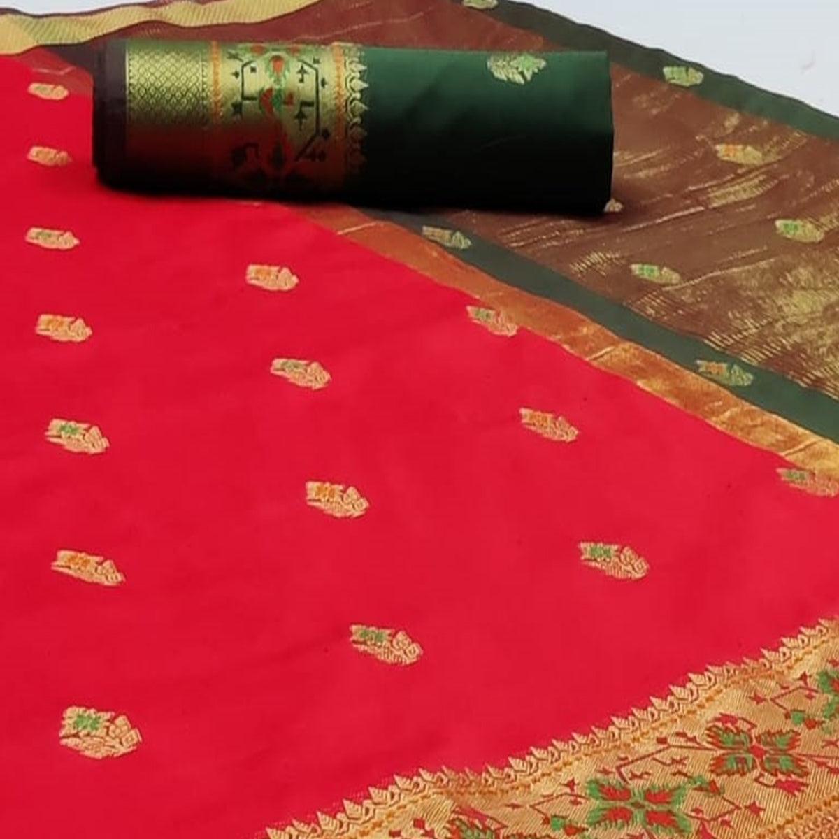 Innovative Red Colored Festive Wear Woven Silk Saree