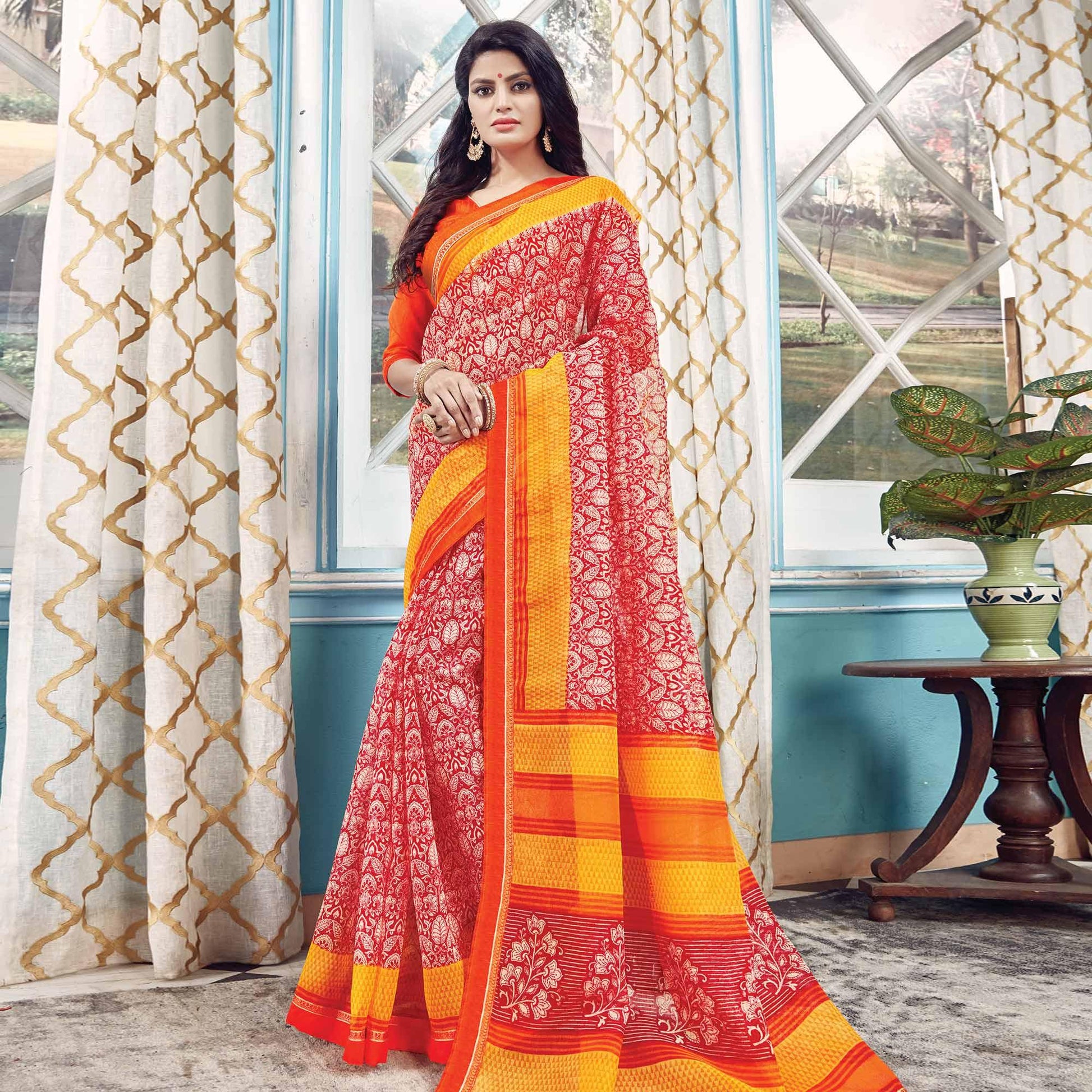 Innovative Red Colored Partywear Printed Silk Saree