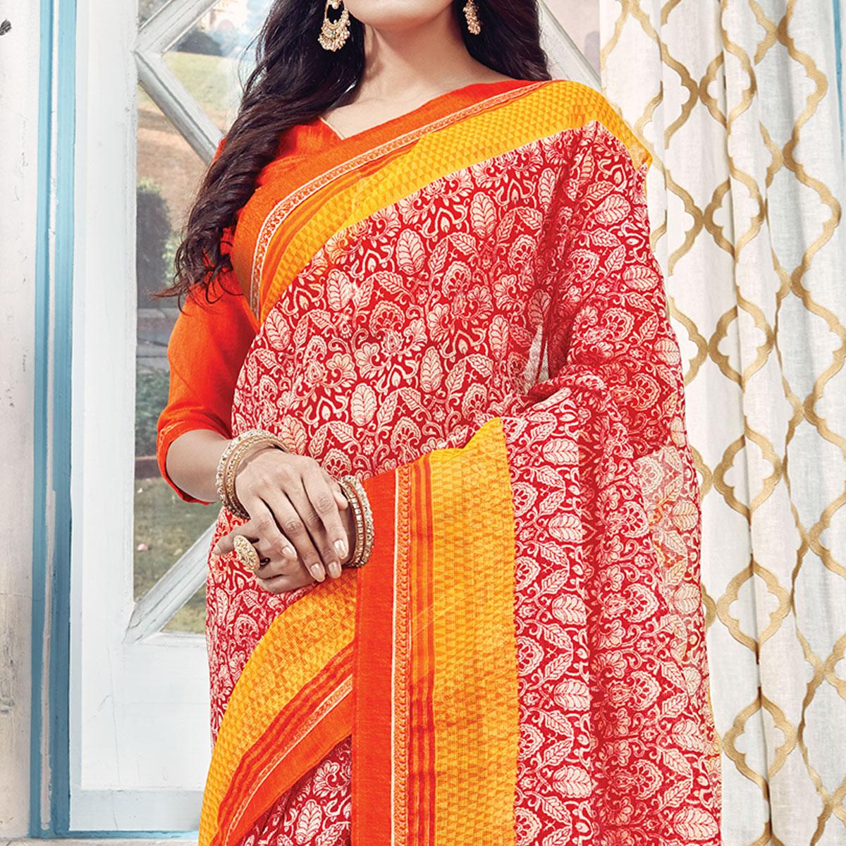 Innovative Red Colored Partywear Printed Silk Saree