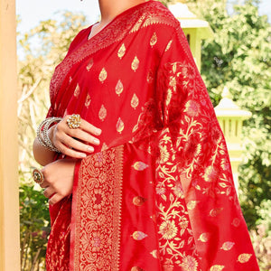 Innovative Red Coloured Designer Partywear Weaving Silk Saree