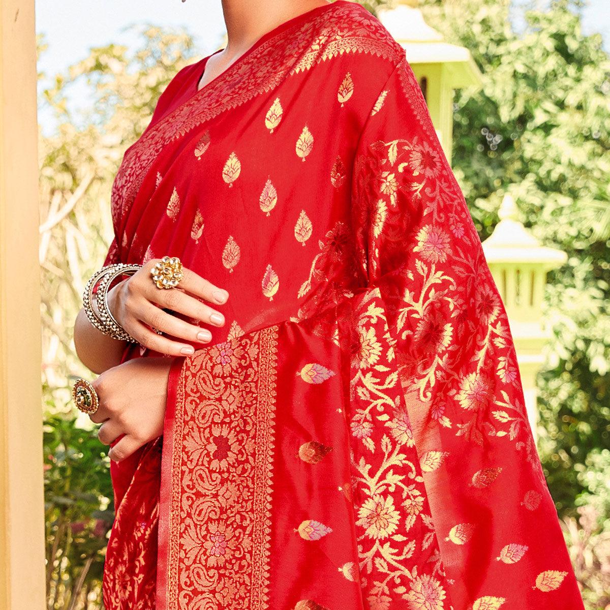 Innovative Red Coloured Designer Partywear Weaving Silk Saree