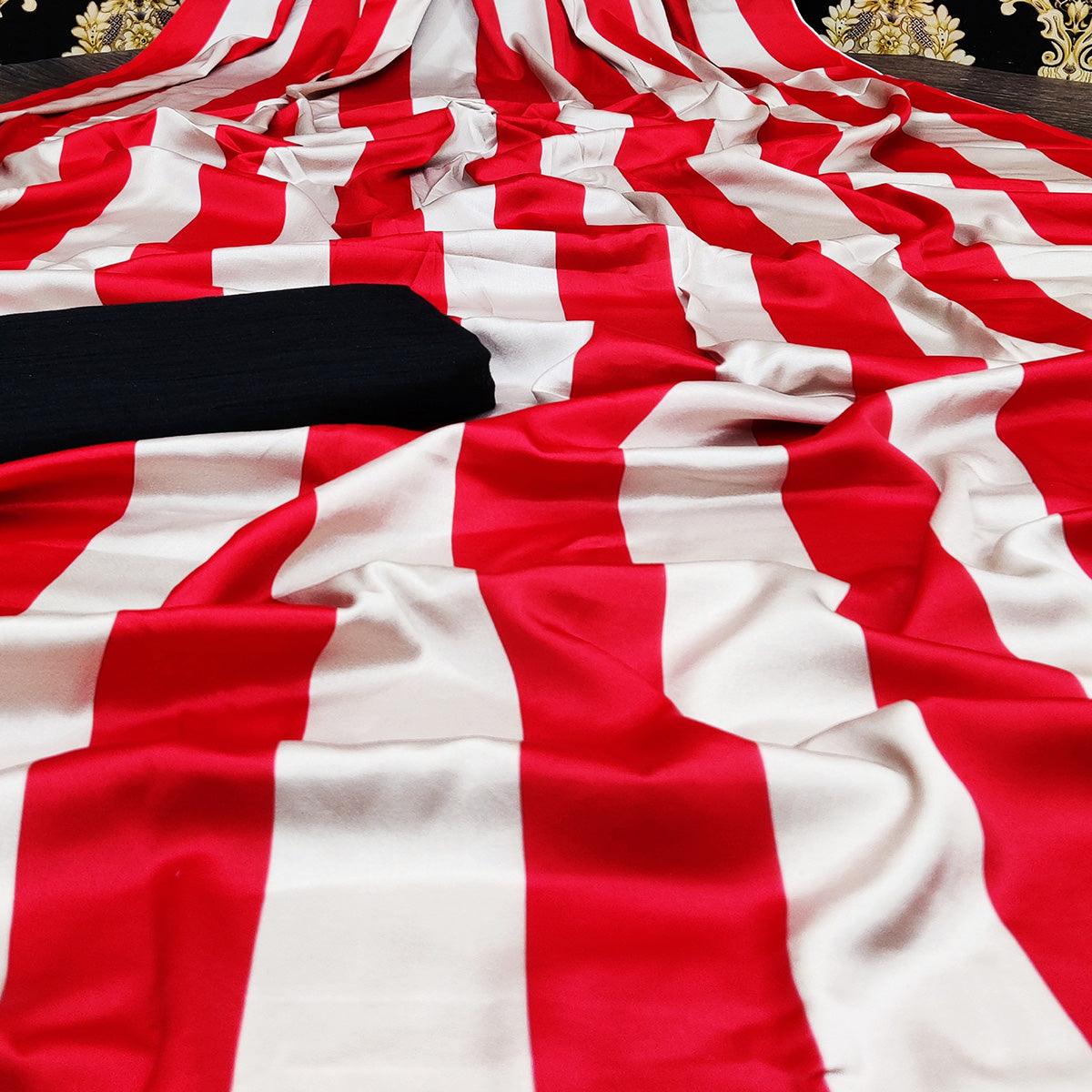 Innovative Red-White Colored Casual Wear Digital Printed Satin  Saree