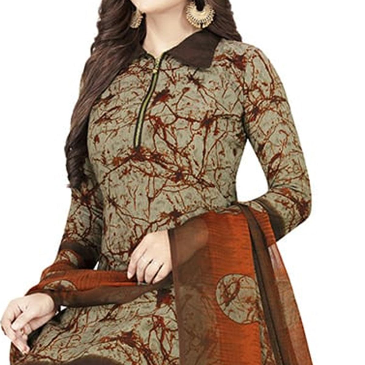 Innovative Teal Grey Colored Casual Printed Crepe Churidar Dress Material