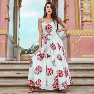 Innovative White Colored Casual Digital Floral Printed Cotton Gown With Matching Mask