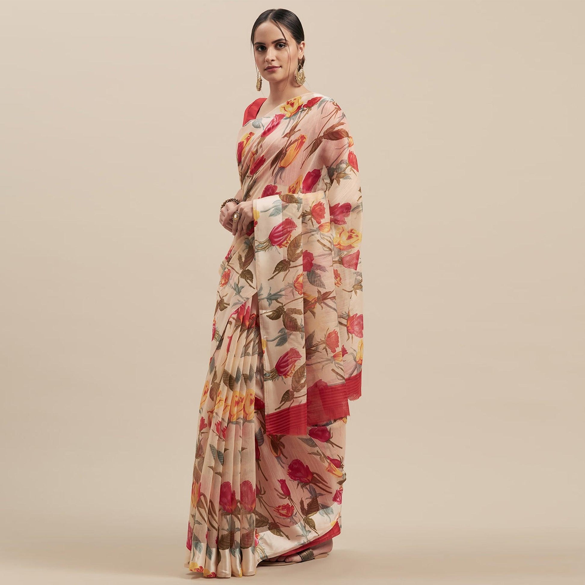 Innovative White-Red Colored Casual Wear Floral Printed Linen Saree