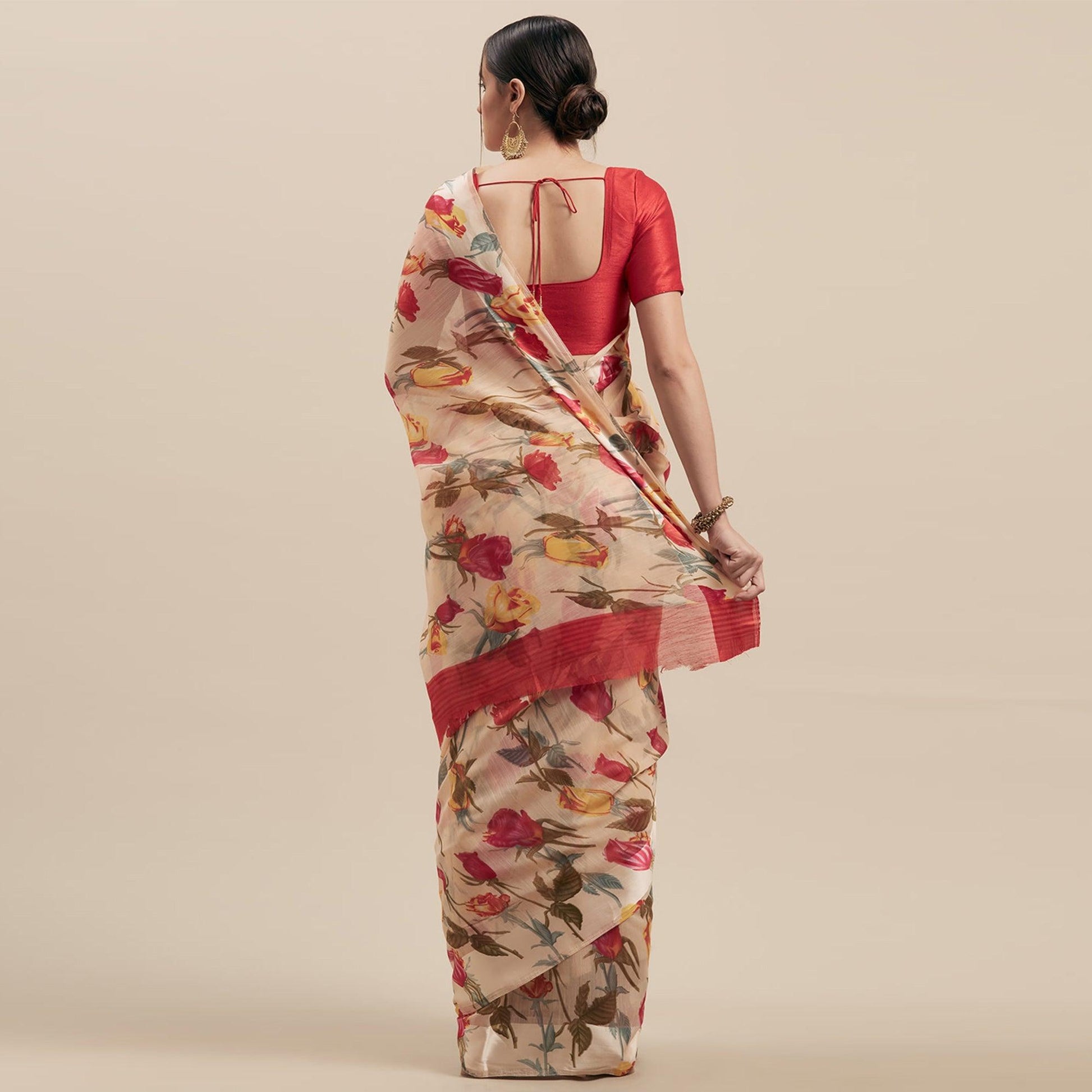 Innovative White-Red Colored Casual Wear Floral Printed Linen Saree