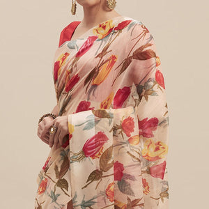 Innovative White-Red Colored Casual Wear Floral Printed Linen Saree