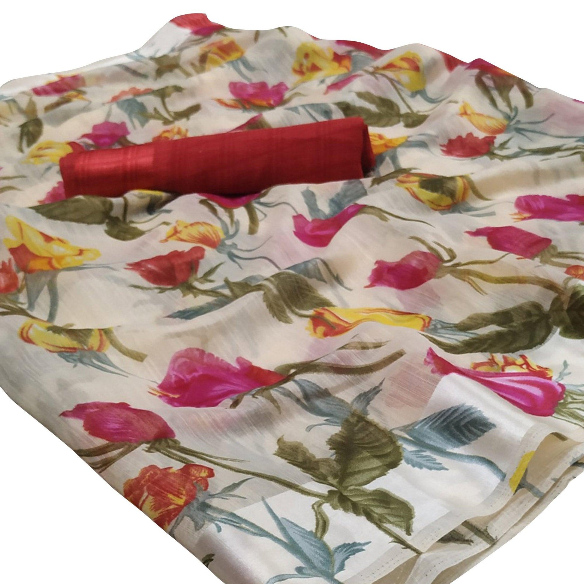 Innovative White-Red Colored Casual Wear Floral Printed Linen Saree