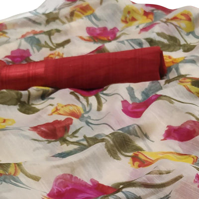 Innovative White-Red Colored Casual Wear Floral Printed Linen Saree