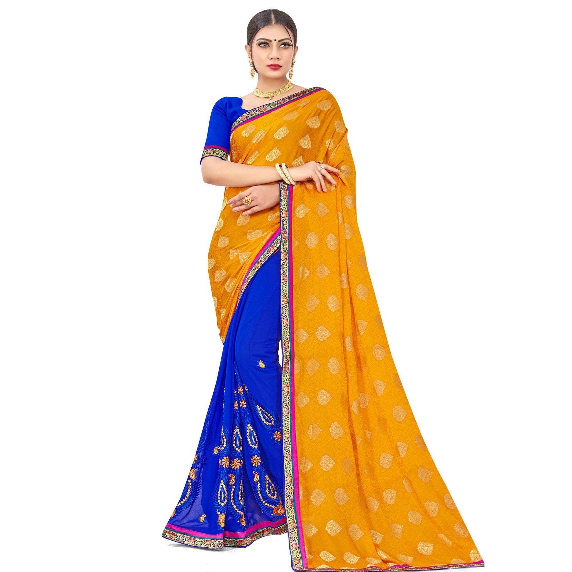 Innovative Yellow-Blue Colored party Wear Embroidered Georgette Half-Half Saree