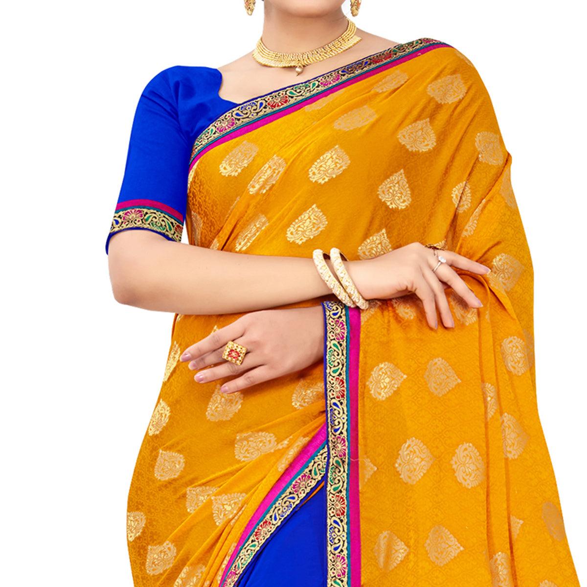 Innovative Yellow-Blue Colored party Wear Embroidered Georgette Half-Half Saree