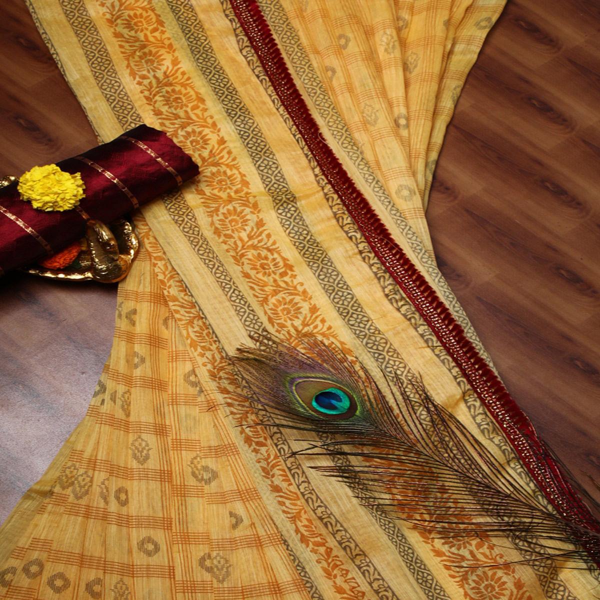Innovative Yellow Colored Casual Wear Printed Cotton Saree