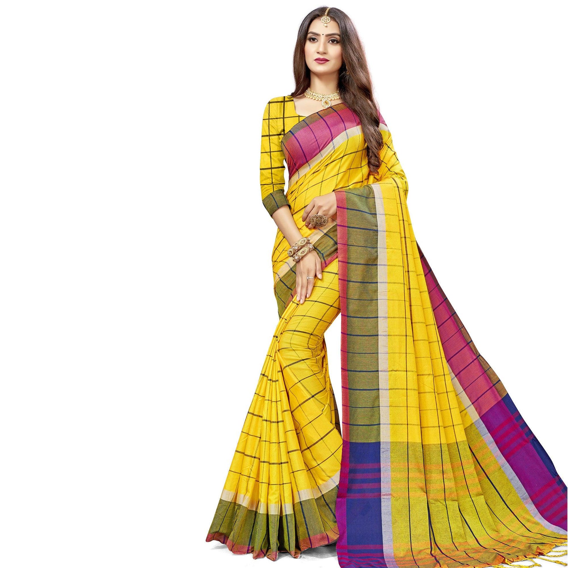 Innovative Yellow Colored Festive Wear Stripe Printed Cotton Silk Saree With Tassels