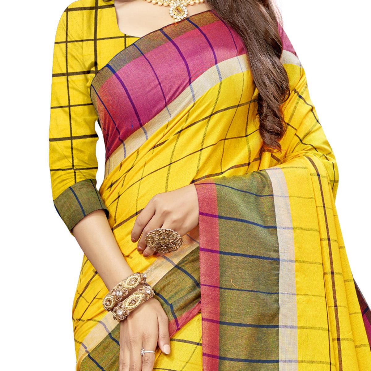 Innovative Yellow Colored Festive Wear Stripe Printed Cotton Silk Saree With Tassels