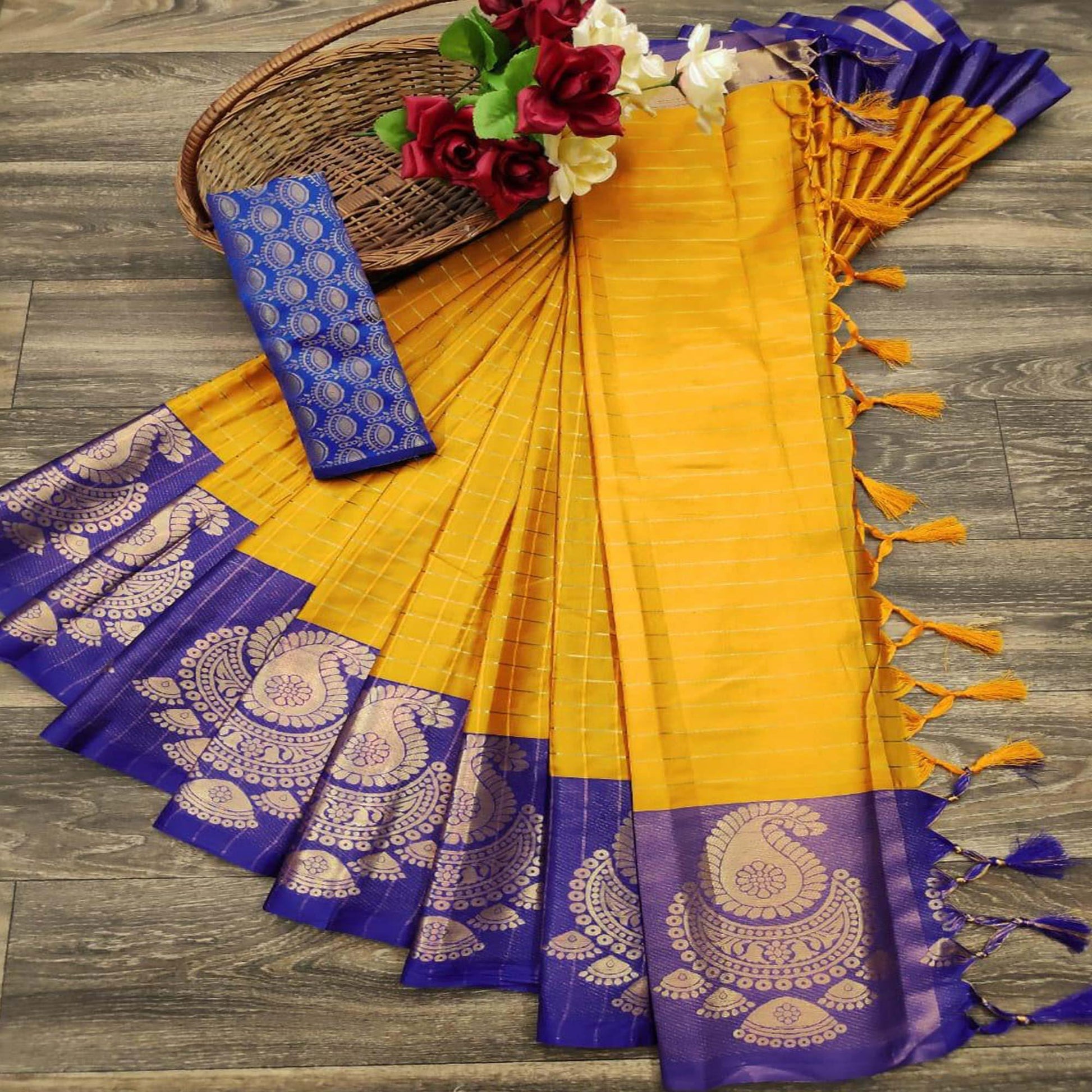 Innovative Yellow Colored Festive Wear Woven Soft Cotton Silk Saree