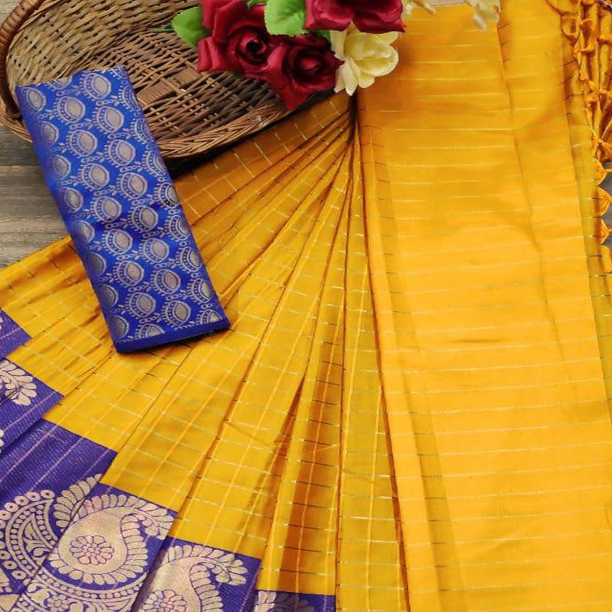 Innovative Yellow Colored Festive Wear Woven Soft Cotton Silk Saree