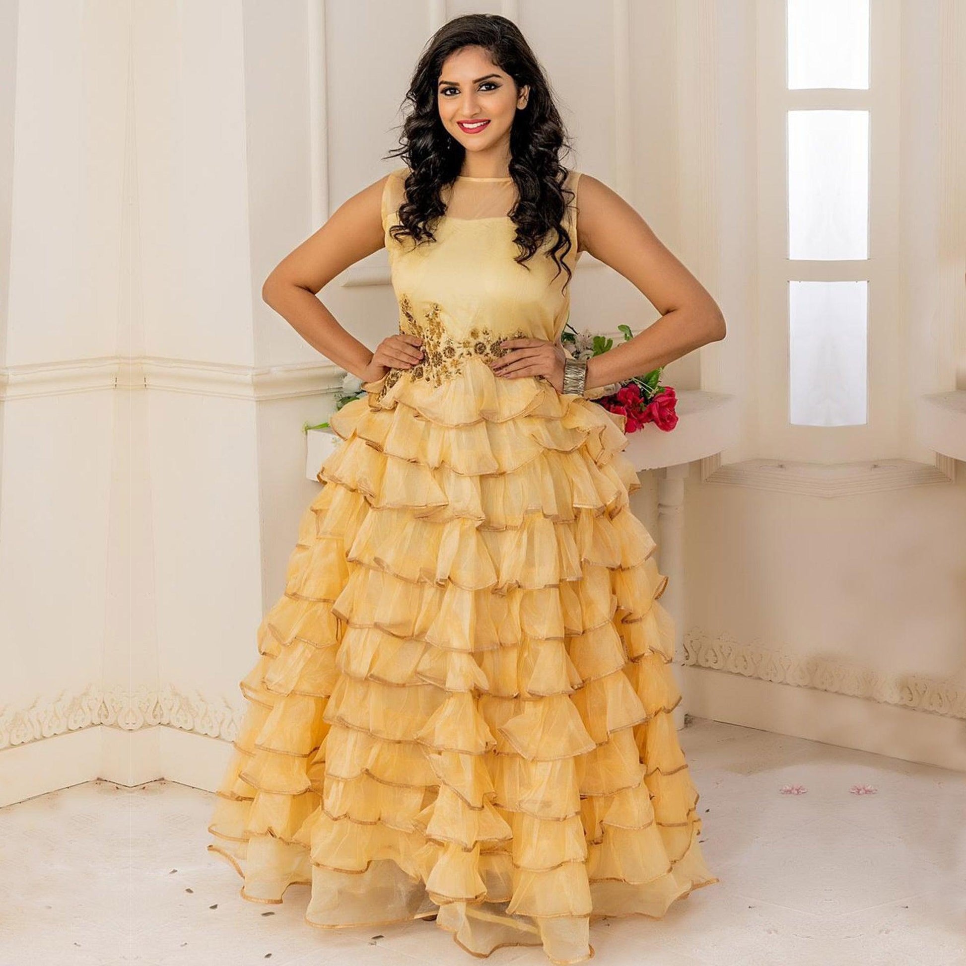 Innovative Yellow Colored Party Wear Embroidered Soft Net Anarkali Style Gown