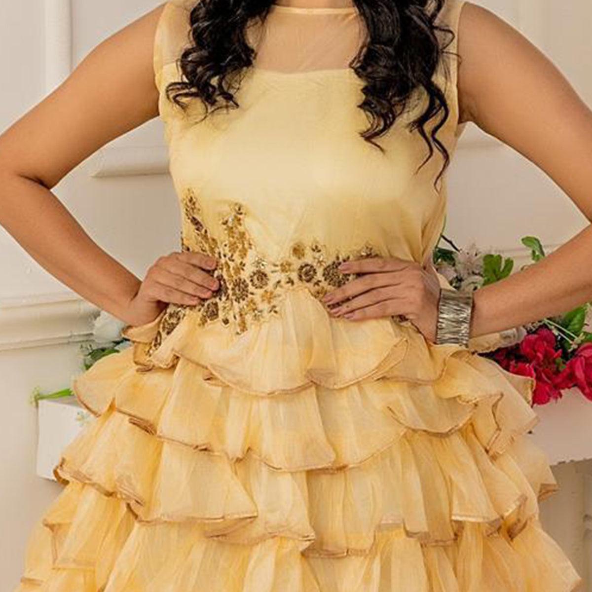 Innovative Yellow Colored Party Wear Embroidered Soft Net Anarkali Style Gown