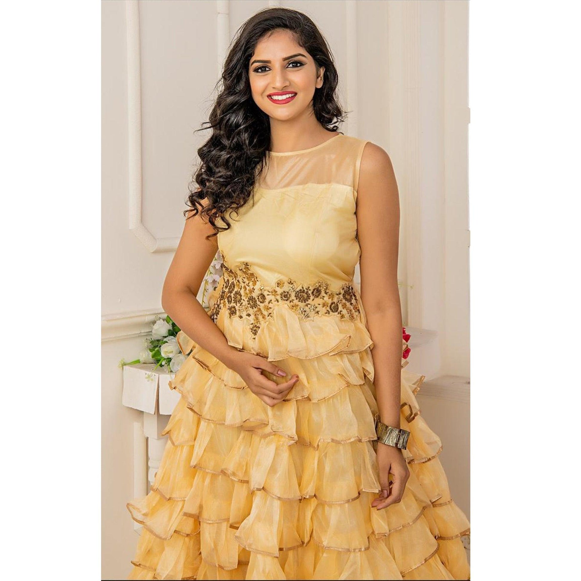 Innovative Yellow Colored Party Wear Embroidered Soft Net Anarkali Style Gown