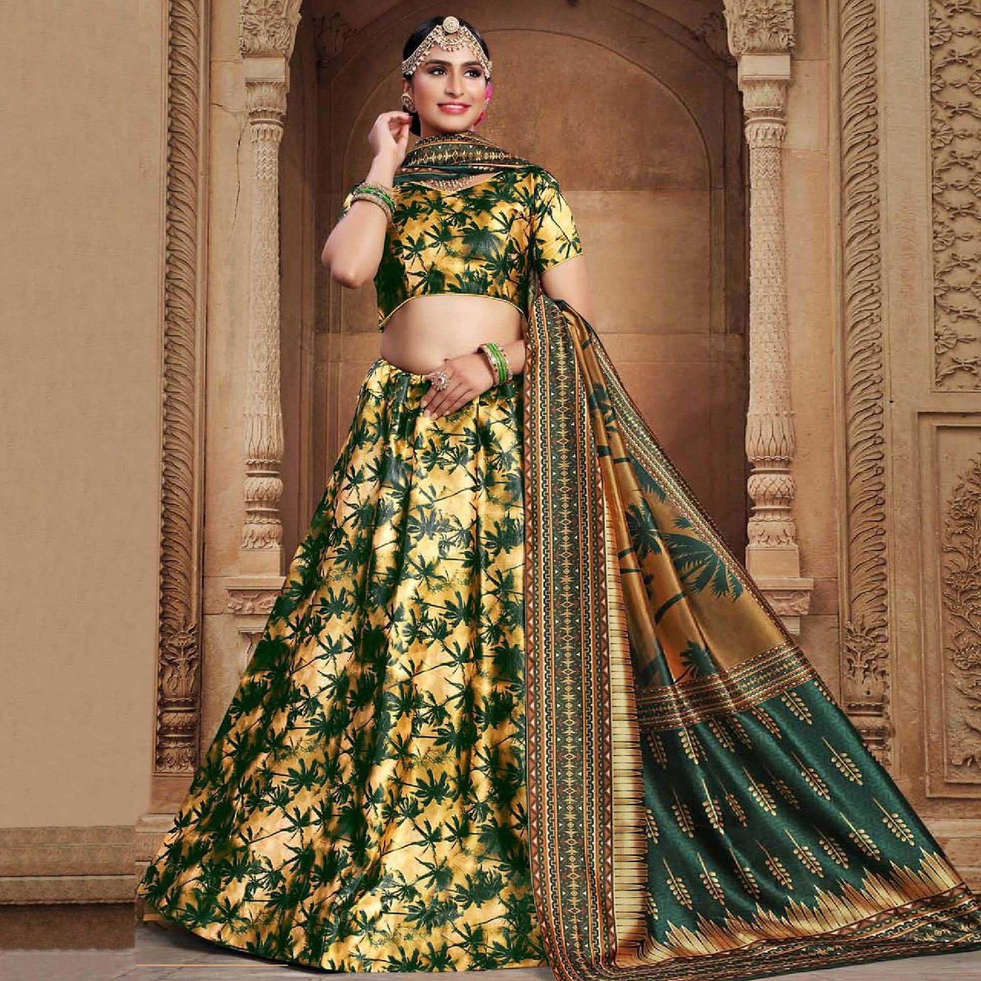 Innovative Yellow - Green Colored Wedding Wear Printed Art Silk Lehenga Choli