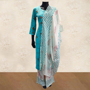Intricate Aqua Blue Colored Partywear Handwork Cotton Kurti-Palazzo Set With Dupatta