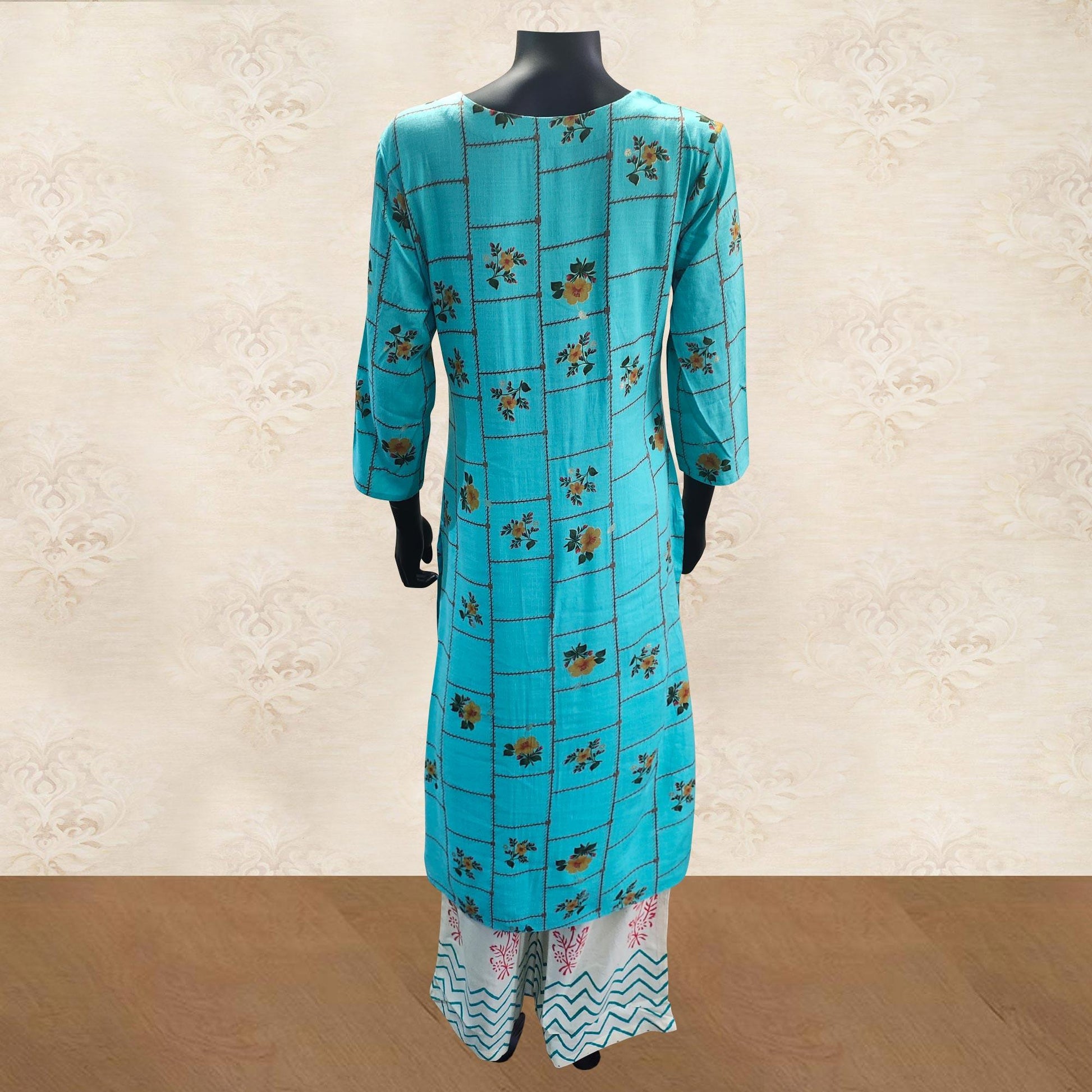 Intricate Aqua Blue Colored Partywear Handwork Cotton Kurti-Palazzo Set With Dupatta