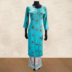 Intricate Aqua Blue Colored Partywear Handwork Cotton Kurti-Palazzo Set With Dupatta