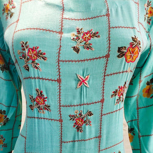 Intricate Aqua Blue Colored Partywear Handwork Cotton Kurti-Palazzo Set With Dupatta