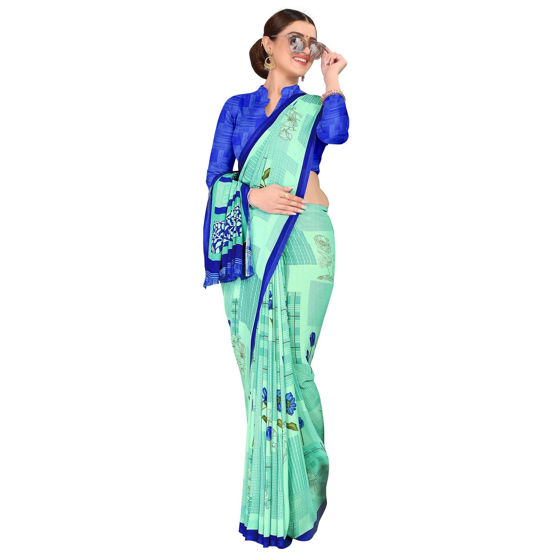 Intricate Aqua Green Colored Casual Wear Printed Georgette Saree