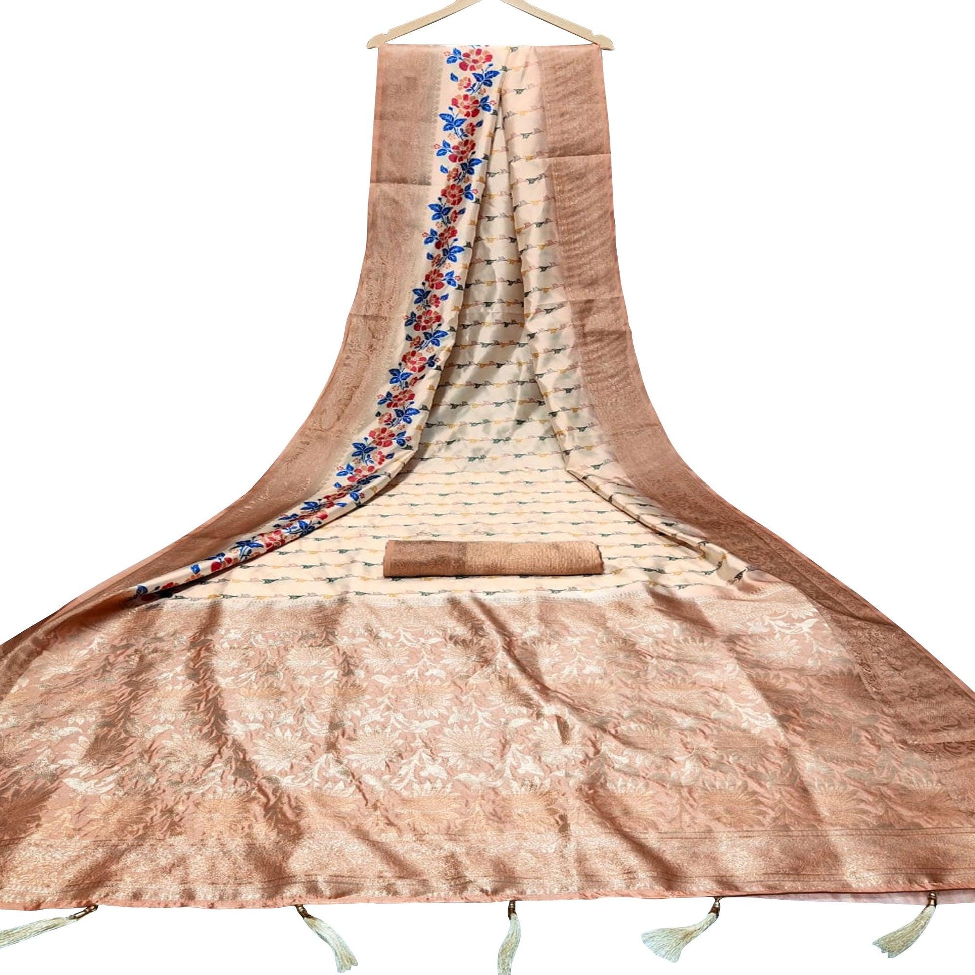 Intricate Beige Colored Festive Wear Digital Printed Silk Saree