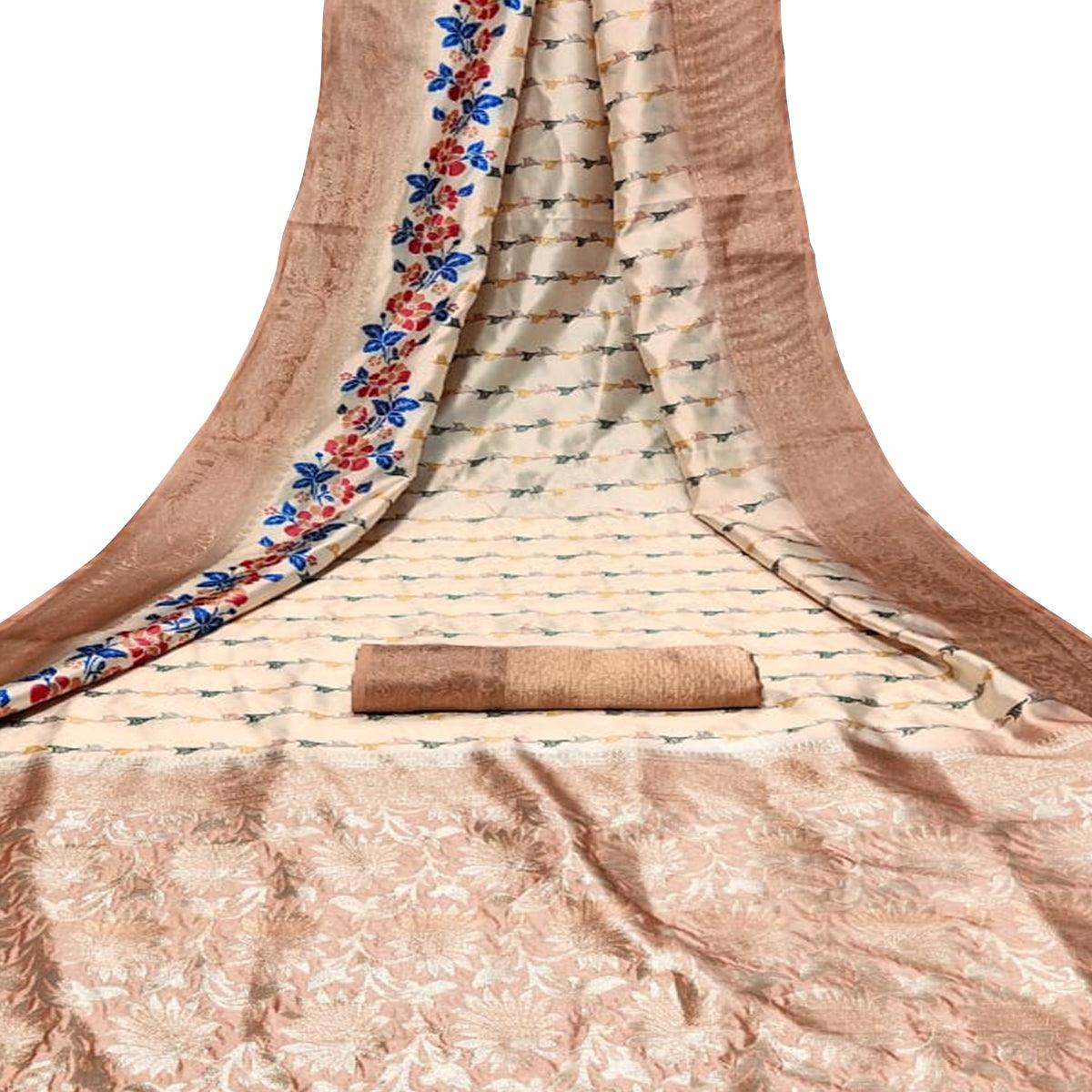 Intricate Beige Colored Festive Wear Digital Printed Silk Saree